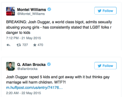 micdotcom:  15 tweets that expose the hypocrisy of conservative child molester Josh Duggar Josh Duggar, a star of the TLC hit 19 Kids and Counting and professional moralizer, has resigned his position as executive director of the Family Research Council’s