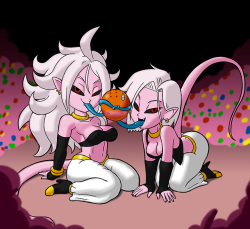 tansau: Happy birthday to @plagueofgripes! Here, have two Majin girls sharing a HUGE jawbreaker with some awfully familiar markings….  