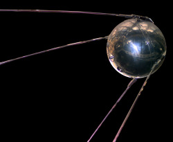electricalascension:    Sputnik 1  was the first artificial Earth satellite. The Soviet Union launched it into an elliptical low Earth orbit on October 4, 1957. It was a 58 cm (23 in) diameter polished metal sphere, with four external radio antennae