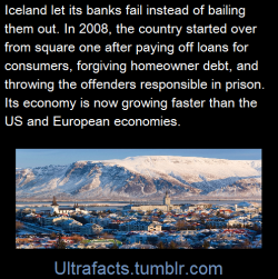 ultrafacts:In 2008, faced with the possibility of financial failure, Iceland had to think on its feet.  Instead of bailing out banks USA-style, the country forgave mortgage debt for the population – and completely started over from square one.Instead