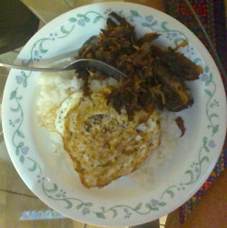Over easy fried egg over sticky white rice with a side of pulled pork.  Night foodzzz.