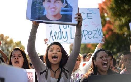 On October 29, hundreds of young people march through downtown Santa Rosa, Cali., protesting the death of Andy Lopez, a 13-year-old boy gunned down by Sonoma County police. – Photo by Erik Castro/for the Press Democrat
