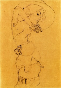 dappledwithshadow:  Egon SchieleStanding Nude with Large Hat (Gertrude Schiele)1910