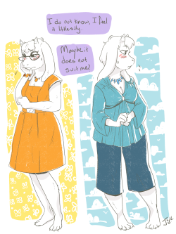 soup-du-silence:  Toriel’s been wearing those robes since she was (spoiler) so like, lets take this poor woman shopping. She can even have some mom jeans if she wants. I probably draw her too pretty but… i have like zero experience with non human