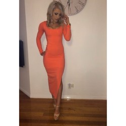 Blonde babe in orange tight dress