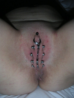 pussymodsgalore  Pussy with pierced outer labia with flesh tunnels, joined by barbells. Chastity piercing. Additionally a VCH piercing with barbell, and HCH with ring. 