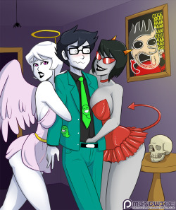 planetofjunk: Here’s the OTHER 2nd-place winner of the October Patreon Poll, (Homestuck) Homestuck Halloween idea. Roxy dressed as an angel and Terezi dressed as a devil, with John just wearing his wiseguy suit while they’re walking through one of