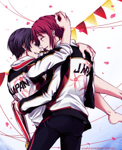 sexuallyfrustratedshark:   &ldquo;If we win today I’ll run ten laps around the pool carrying you princess style.&rdquo; &ldquo;Deal.&rdquo;  Based on the legendary skit from the Free! event and the 2008 Olympic swim team jackets. Thanks to Fencer-X