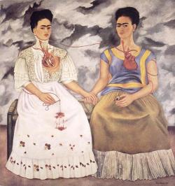 aworldwithart:  “The Two Fridas” was created by Kahlo during her separation from her husband, Diego Rivera. It depicts kahlo’s two diverse sides, her highly-cultural art-loving self and her empty refined self, attempting to stop the bleeding of