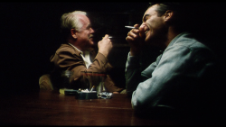 supermodelgif:  Joaquin Phoenix and Philip Seymour Hoffman breaking character while shooting a scene from Paul Thomas Anderon’s The Master 