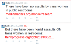 genderfuckedover:  thewomanfromitaly:  i-am-river:  So, i read this awful article using bathroom “scare tactics,” which was claiming that trans women are potential rapists. “Men” who dress as women to gain access to women only spaces and force