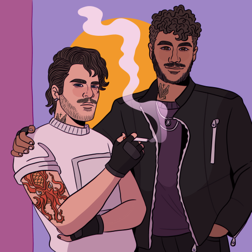 rabdoidal:  ⭐ Andy, you’re a star // In nobody’s eyes but mine ⭐ive been thinking abt what izzy &amp; ed were like as younger men, so here them in anachronistic 80s attire (they are smoking outside a gay bar)  ✨ kofi link in bio if you’re