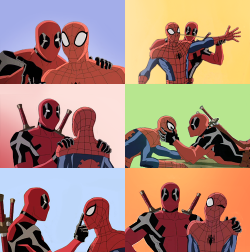 kernalmustache:  deepship:  saltpunch:  I hate you, Deadpool.I know you mean love.   the backgrounds just made it ten times more gay that’s a lot of gay  What I never understood was how Spiderman’s mask eyes could move