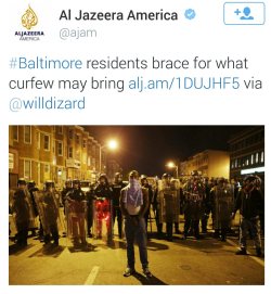 revolutionarykoolaid:  HAPPENENING NOW (4/28/15): The streets of Baltimore are under siege…  by local police. I feel like I’m back in Ferguson 2014. Authorities call for an illegal curfew and martial law. Protesters peacefully demonstrate against