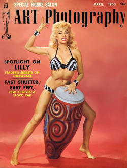 Lilly Christine appears astride her bongo drum on the cover of the April &lsquo;53 issue of 'ART Photography&rsquo; magazine..