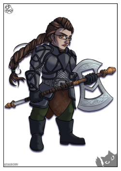 hitokirichibi: Dwarf Character Design My friend Cookie said I hadn’t finished drawing each of the ‘small’ races so here is a female dwarf. She uses her glasses when she’s doing intricate engraving on weapons. 