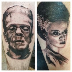 fuckyeahtattoos:  Frankenstein’s creation and the bride done by Nicole Nedley at Forever Inked Tattoo in Marietta, GA 