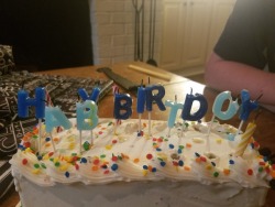 korolevx: my mom got a pack of candles and only realized once she started putting them on the cake that they said “birthday boy” and not “happy birthday” so we made do