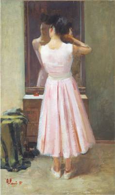 huariqueje:  Girl in the mirror  -       Pomi, Alessandro   , 1955 . Italian, 1890-1976oil on hardboard , 72x42 cmPrivate collection