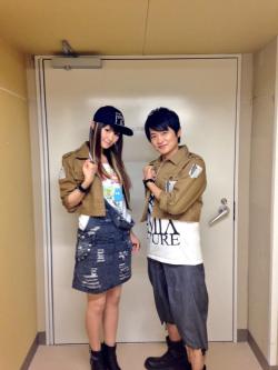Kobayashi Yuu (Sasha) and Shimono Hiro (Connie) before their stage appearance to promote the 2nd SnK compilation film on June 28th!  The full schedule of seiyuu/staff appearances (Last weekend + this weekend) is here!