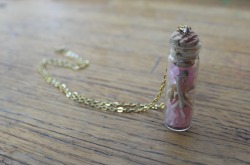 i-xviii:  radbreath:  Handmade bone and stoned vial necklace for ten dollars. This necklace has a vial containing rose quartz chunks and various rodent bones hung from a gold tone chain measuring nineteen inches from end to end.  Still want