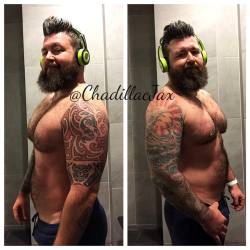 chadillacjax:  Finally feel like I’m doing something right with clean bulking #gainpost #progress #gymlife #gaylifter #beardedmuscle #musclebear #beardlife #tattoosleeve #tatted #monsterheadphones #gaintrain  (at Planet Fitness)