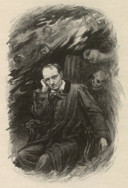 le-plus-beau-des-mensonges:  Charles Baudelaire Illustrator: Georges Rochegrosse · Engraver: Eugène Decisy Wood engraved portrait of Baudelaire surrounded by ghosts; frontispiece to ‘Les Fleurs du mal’, 1917. (+)