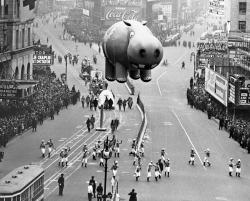 Hippo Balloon Floating at the Thanksgiving Day Parade, Manhattan, 21 Nov 1940.