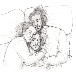 hamiltonshorn:  gay trio cuddle pile for @hotlikesriracha ! hamilton looks a little like max from max and ruby tbh commission information 