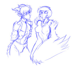 clumzor:  Sketch of Doppelswagger’s Raenbu the dragon lad and My Pet Tentacle Monster&rsquo;s Tansy the cockatrice lass. I’ve been eating uncooked ramen blocks.  Squeeeeeeeeee you drew Tansy so cute~ &gt;u&lt;