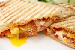 do-not-touch-my-food:  Fried Egg, Bacon and Gruyere Panini with Red Pepper Aioli