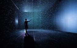 stridersan:  The Rain Room is a 100 square metre field of falling water which visitors are invited to walk into. Sensors detect where visitors are standing, and the rain stops around them, giving them an experience of how it might feel to control the
