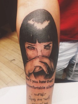 fuckyeahtattoos:  &ldquo;Don’t you hate that? Uncomfortable silences.&rdquo; - Mia Wallace Done by: @RobMurdaInk in North Babylon, NY.  0hsusanaa.tumblr.com @SpaceWoman