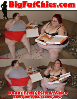 bbwsurf:  www.bigfatchics.com   This week we have a very SWEET Treat as the beautifully obese KimmyCrush and her friend SSBBW Sunshine show us how the fat girls do it. See Kimmy and Sunshine stuffing their large hanging bellies full of delicious donuts!