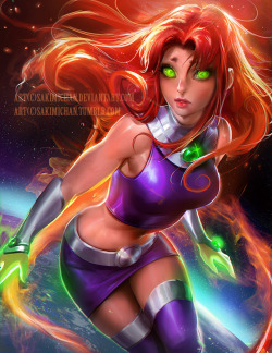sakimichan:Here’s Starfire : D ! I wanted to try more of a action-y pose with her, This piece took awhile because I started out as a portrait but ended up  like this XD;;  was fun coming up with the composition !PSD,Video process, High res  of this