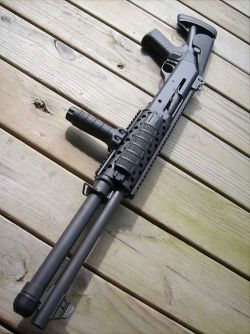 weaponslover:  Benelli M4 The official shotgun of the US Marines. Shotguns remain the king of close-quarter battle. Consider that an M4s bullet has about 1,200 foot pounds of muzzle energy, and a 12-gauge shotgun blast has more than 3,000 foot pounds
