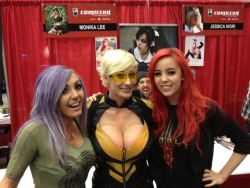 jessicanigriscleavage:  Jessica Nigri with Marie Claude Bourbonnais and Monika Lee. So much tit meat in one photo.