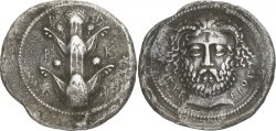 archaicwonder:  Excessively Rare Silver Tetradrachm from Barke, Kyrenaika, C. 360 BCObverse: B – A / P – K / A – I  and a silphium plant. Reverse: AKE – ΣIOΣ , facing head of  Zeus Ammon, with his eyes wide-open and his hair flowing behind