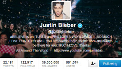 bieberpress:  Justin reached 39 million followers today! The family just keep’s growing bigger and bigger every single day. 