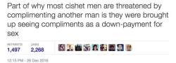 hexenmond:  faedreamer:  anti-capitalistlesbianwitch: Oh damn.  omg that is so fucking accurate  Twitter screenshot transcribed: “Part of why most cishet men are threatened by complimenting another man is they were brought up seeing compliments as a