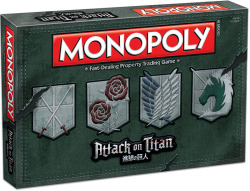 snkmerchandise:   News: USAopoly’s Attack on Titan Monopoly Game Original Release Date: July 2016 (ETA: May have changed to August 2016)Retail Price: ื.95 USDNotes: For 2-6 players. Ages 8 and up. USAopoly has announced a new edition of the popular