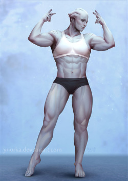 ynorka:    Another Lysaia commission :)   “Lysaia in her gym clothes, showing off in a classic bodybuilder’s pose.”     