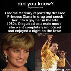 queen-alpha-male:  did-you-kno:  Freddie Mercury reportedly dressed Princess Diana in drag and snuck her into a gay bar in the late 1980s. Disguised as a male model, she went completely unnoticed and enjoyed a night on the town. Source  if this is real