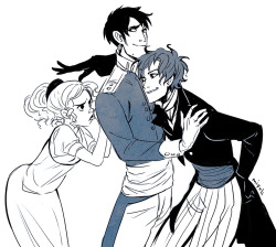 miyuli:  I’ve always wanted to write a story set in 18th century Prussia.These are from left to write: Luise (Prussian aristocracy), Julius (Prussian soldier) and August (Anglo-German artist).They’ve been best friends since childhood. Luise is very