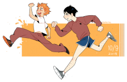 hawberries:10th of september is kagehina day!! i love these absolute dumdums. they are sharing one set of gym clothes.  it symbolises the fact that there is only one brain cell between them