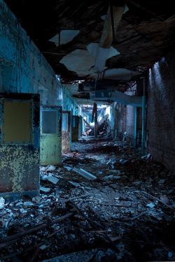  Female violent ward at civil twilight, Greystone Park State Hospital.  Over five years after I took this photograph demonstrating roof damage in the female wards at Greystone, I returned to the stately Kirkbride asylum and made the capture shown here