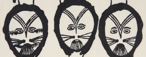 Ink etching of abstract faces of Inuit people with tattooed faces