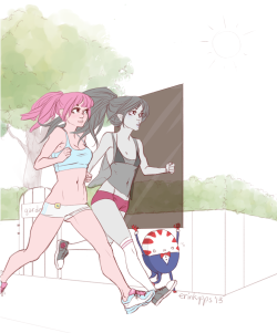 atomicantnanai:  erinkipps:  I made Bubblegum and Marceline jog to motivate myself. ;v; &amp; poor peppermint butler is always working. I know that feel, bro.  NOO OMG LOOK HOW THE BUTLER COVERS MARCY FROM THE SUN OMG OMG 