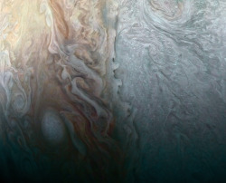 fuckyeahfluiddynamics:Jupiter’s atmosphere is fascinatingly complex and stunningly beautiful. This close-up from the Juno spacecraft shows a region called STB Spectre, located in Jupiter’s South Temperate Belt. The bluish area to the right is a long-lived