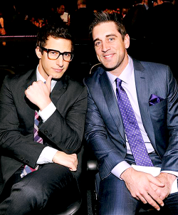 bobbymoynihans:    Andy Samberg and Aaron Rodgers pose in the audience at the 3rd annual NFL Honors on Saturday, Feb. 1, 2014, in New York.       
